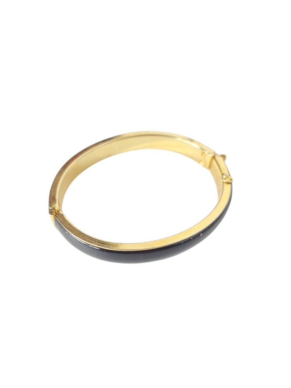 Vintage Black Enamel Gold Tone Hinged Bangle Bracelet Clamper Oval Jewelry